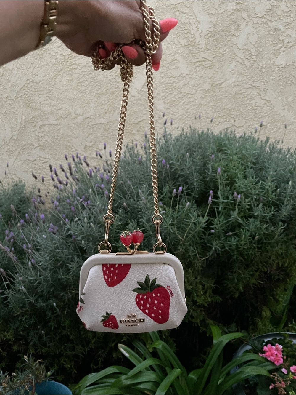 Coach Cream Mini Frame Bag with Red Strawberry Print and Gold Chain - Picture 2 of 11